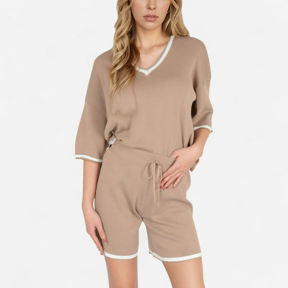 Women's Knit Lounge Set with V-Neck Top and Drawstring Shorts Featuring Contrast Trim - Khaki, X Large