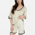 thumbnail image 1 of Women's Knit Lounge Set with V-Neck Top and Drawstring Shorts Featuring Contrast Trim - Light Beige, Large, 1 of 7