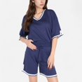 thumbnail image 1 of Women's Knit Lounge Set with V-Neck Top and Drawstring Shorts Featuring Contrast Trim - Navy, Small, 1 of 7