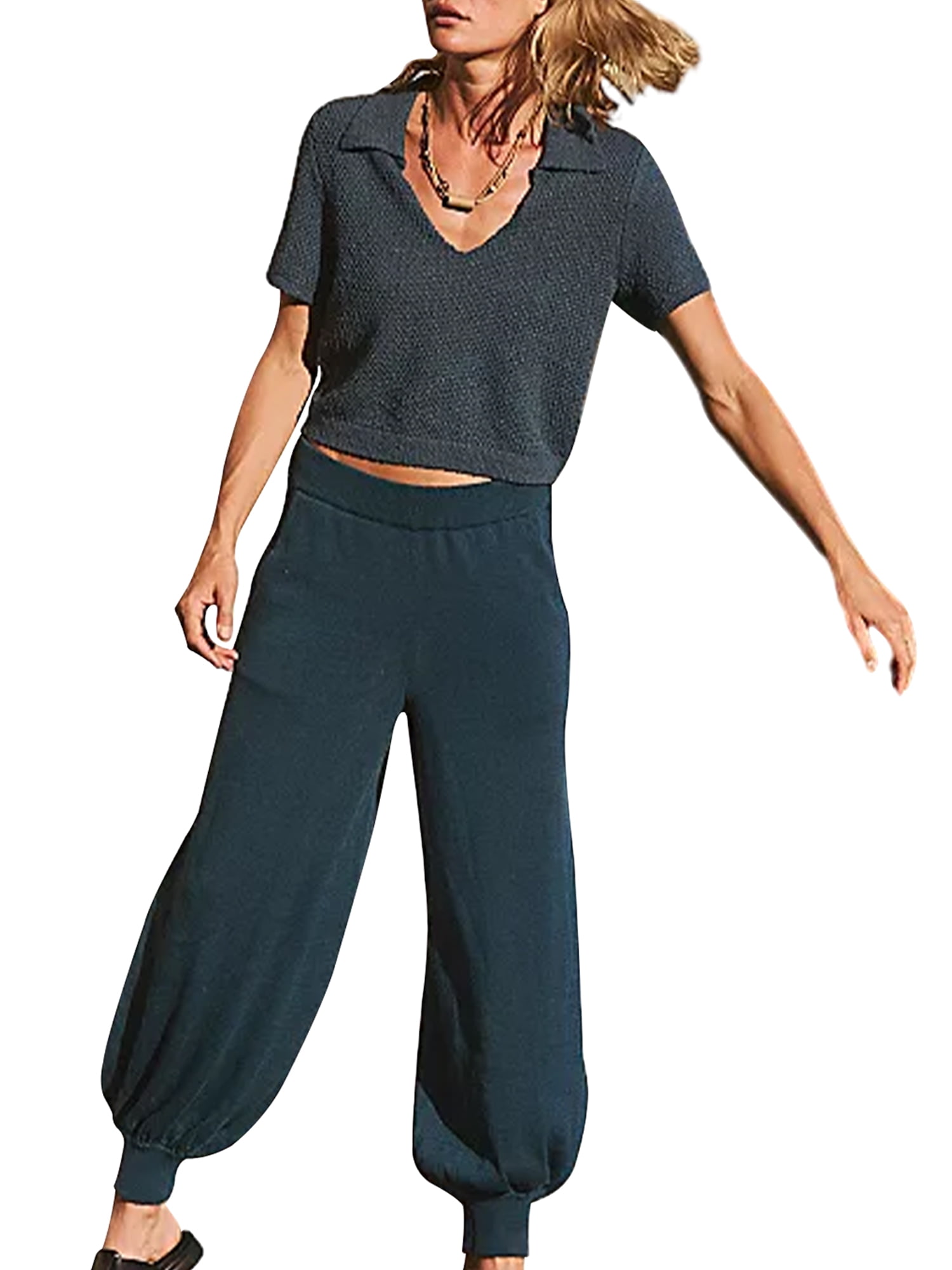 Women's Knit Loungewear, Solid VNeck Short Sleeve Crop Tops + Pants