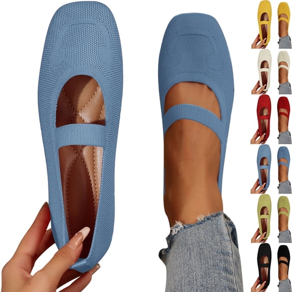 Women's Knit Mary Jane Flats Comfortable Square Toe Ballet Flat Shoes Office Dressy Slip On Walking Shoes with Elastic Strap