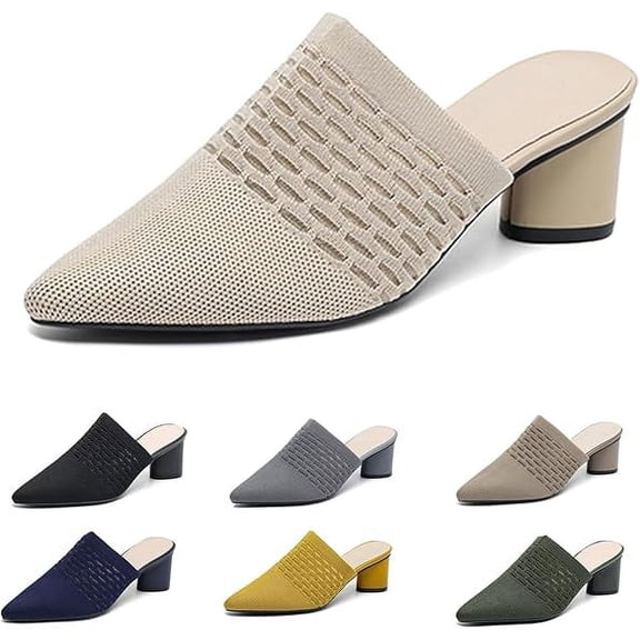 Women’s Knit Mesh Chunky Heel Mules Closed Pointed Toe Backless Slip On Mid Block Heel Dress Slide Sandals Summer Breathable Daily Party Pumps