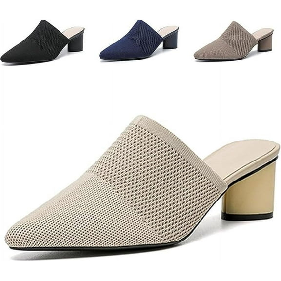 Women’s Knit Mesh Chunky Heel Mules Closed Pointed Toe Backless Slip On Mid Block Heel Dress Slide Sandals Summer Breathable Daily Party Pumps