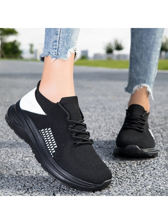 Women's Knit Mesh Platform Walking Shoes,Lace Up Breathable Lightweight Non Slip Casual Athletic Sneakers