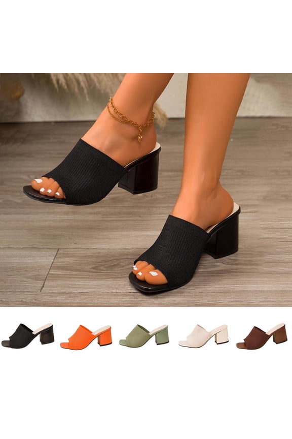 Women's Knit Mule Heels for Women Trendy Open Toe Stretch Knit Chunky Heel Sandals Comfortable Slip On Block Heel Dress Shoes Summer Fashion Plus Size Wide Width Black Shoes for Women