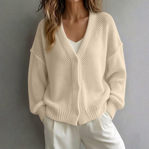 Women's Knit Open Front Cardigan,Long Sleeve Button Down Loose Fit V Neck Sweater,Chunky Oversized Casual Outerwear for Fall Winter Daily Wear Beige L