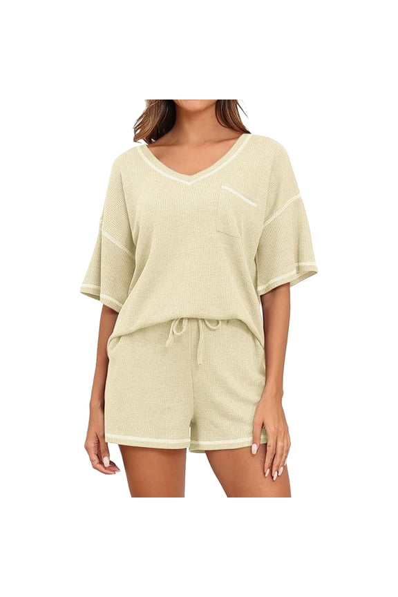 Women's Knit Pajamas Set Short Sleeve Top And Shorts Matching Set Sweatsuit With Pockets Women's Bathing Suit Bottoms Workout Shorts Suit Womens Swimming Wear Women Long Swim Cover Womens Board Shorts