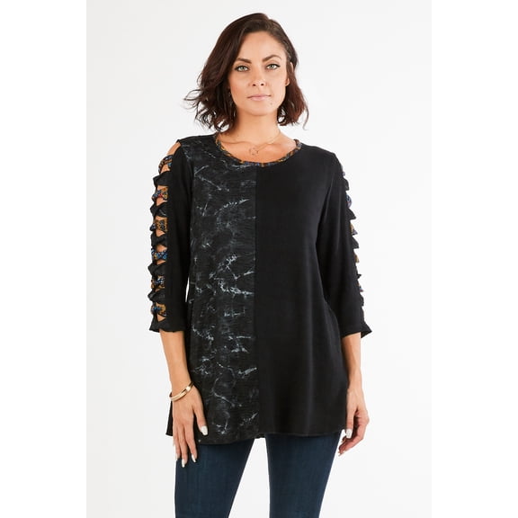 Women's Knit Patchwork Cutout Tunic Top with Round Neck