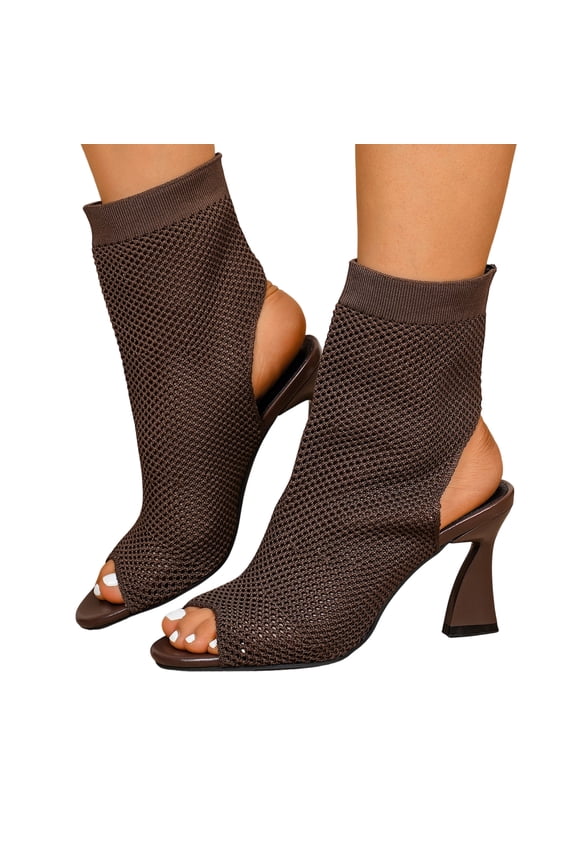 Women's Knit Peep Toe Slingback Chunky Heel Ankle Boots Round Toe Hollow Heeled Sandals Summer Slip On Dress Sock Booties