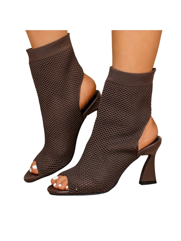 Women's Knit Peep Toe Slingback Chunky Heel Ankle Boots Round Toe Hollow Heeled Sandals Summer Slip On Dress Sock Booties