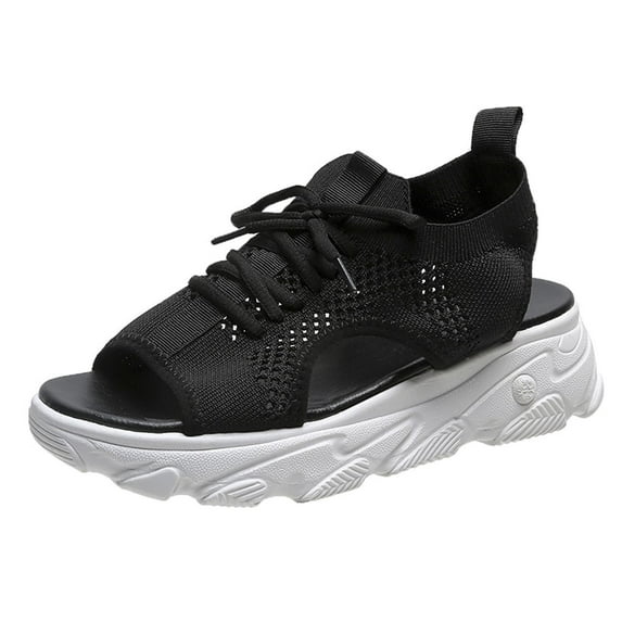 Women's Knit Platform Sports Sandals Lightweight Anti Slip Athletic Running Walking Shoes Breathable Open Toe Lace Up Sneakers