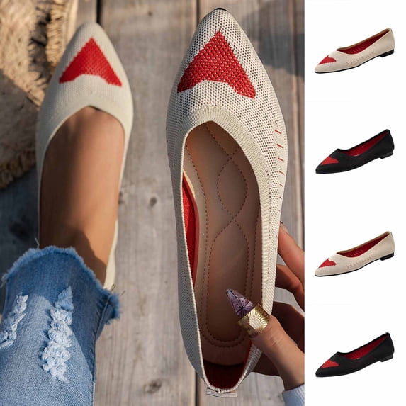 Women's Knit Pointed Toe Flats, Breathable Heart Pattern Slip-On Shoes, Comfortable Soft Sole Wide Width Casual Dress Shoes for Daily Work Outdoor, White/Black