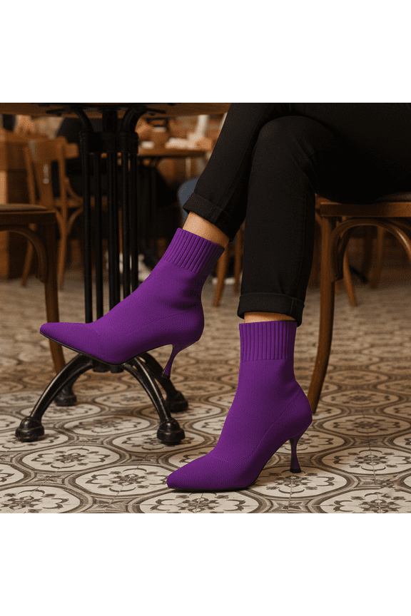 Women's Knit Pointed Toe Sock Booties, Stiletto Heel Stretch Ankle Boots for Fall Winter Dress & Casual Wear - Black, White, Khaki, Purple