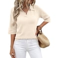 thumbnail image 1 of Women's Knit Polo Sweater, Notch V-Neck 3/4 Sleeve Lightweight Pullover Pullover for Casual Office Commute & Dating, Beige, S, 1 of 7