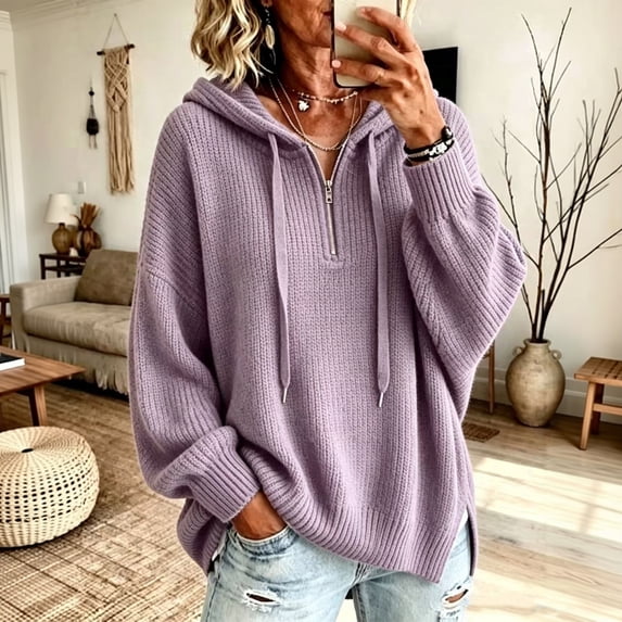 Women's Knit Pullover Hoodies Quarter Zip Adjustable Drawstring Solid Hooded Sweaters Fall Winter Causal Loose Sweatshirts, 2XL
