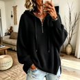 thumbnail image 1 of Women's Knit Pullover Hoodies Quarter Zip Adjustable Drawstring Solid Hooded Sweaters Fall Winter Causal Loose Sweatshirts, M, 1 of 9