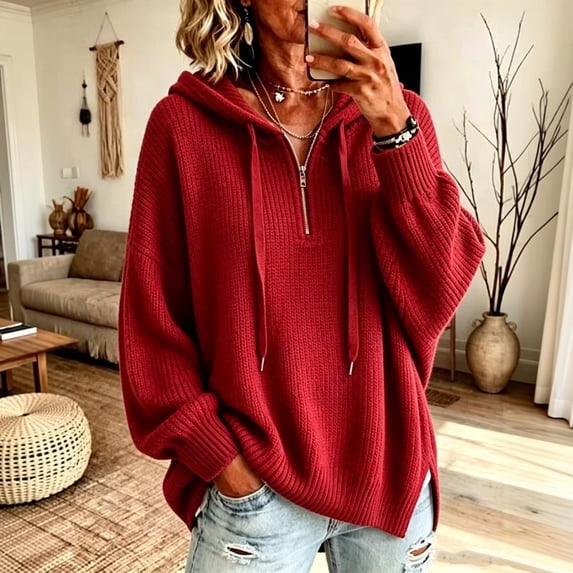 Women's Knit Pullover Hoodies Quarter Zip Adjustable Drawstring Solid Hooded Sweaters Fall Winter Causal Loose Sweatshirts, XL