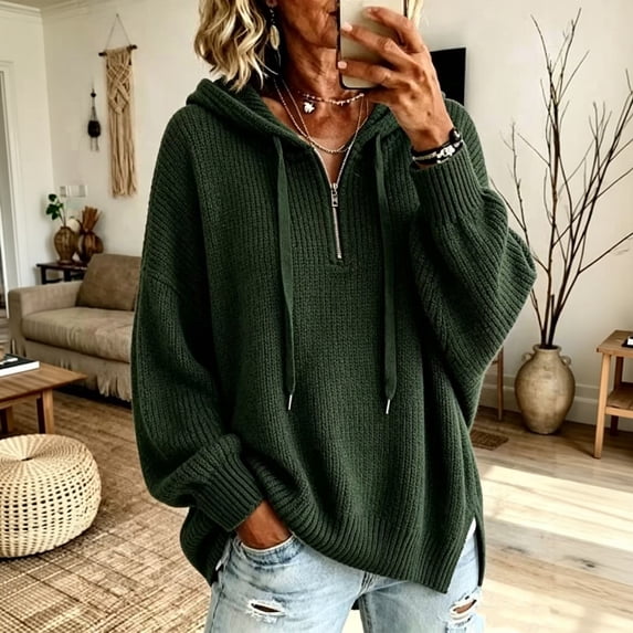 Women's Knit Pullover Hoodies Quarter Zip Adjustable Drawstring Solid Hooded Sweaters Fall Winter Causal Loose Sweatshirts, XL