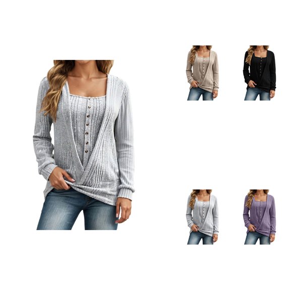 Women's Knit Pullover Sweater, Lightweight Soft Cozy Long Sleeve Crewneck with Two-Piece Button-Down Cardigan Style, Breathable Casual Fall Winter Fashion Top
