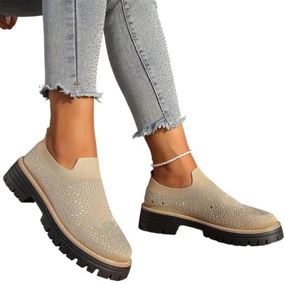 Women's Knit Rhinestone Platform Sneakers Breathable Mesh Round Toe Slip On Lug Sole Loafers Lightweight Walking Sport Casual Shoes