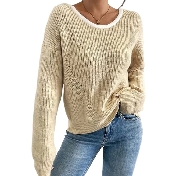 Women's Knit Ribbed Long Sleeve Pullover Tie Crew Neck Contrast Trim Sweater for Daily Wear S