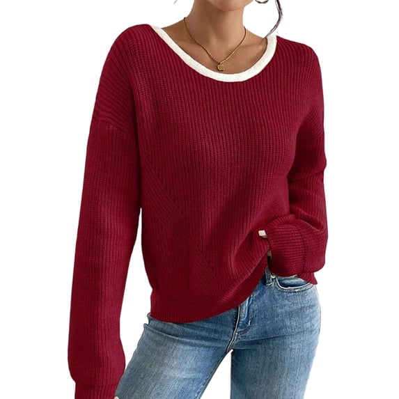 Women's Knit Ribbed Long Sleeve Pullover Tie Crew Neck Contrast Trim Sweater for Daily Wear Wine Red L