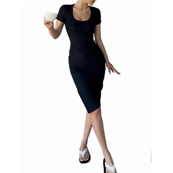 Women's Knit Ribbed Short Sleeve Bodycon Mini Dresses Crew Neck Slim Dress for Summer Black S