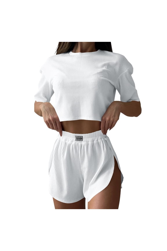 Women's Knit Ribbed Short Sleeve Crop Top with Split Hem Shorts Pajama Set Loungewear Two Piece White