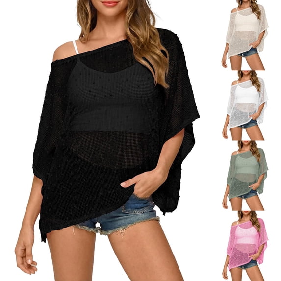 Women's Knit Sequin Poncho Top Crochet Batwing Sleeve Asymmetrical Beach Cover Up