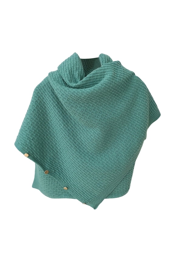 Women's Knit Shawl Cape Wrap Button Closure Scarf Style Poncho Ribbed Texture Asymmetrical Hem Shoulder Cover for Cool Weather Casual Daily Wear Turquoise