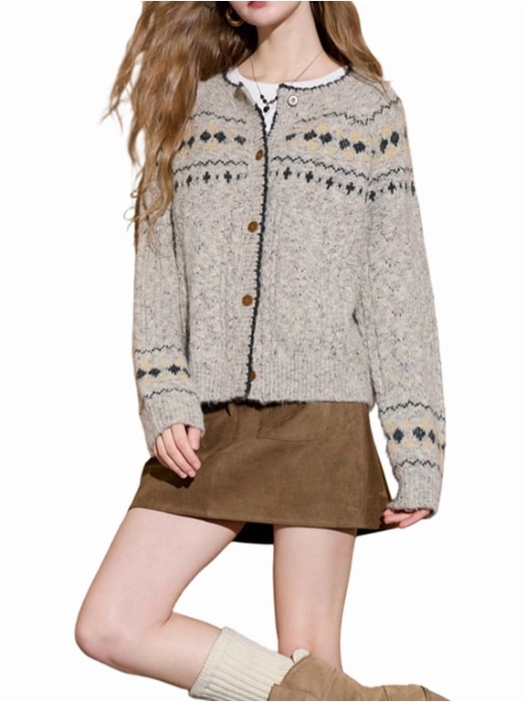 Women's Knit Sheep'S Wool Sweater Top Cardigan for Daily Wear Oatmeal Color L