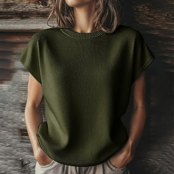 Women's Knit Short Sleeve T-Shirt Soft Stretchy Crew Neck Blouse Breathable Summer Tee Casual Versatile Top for Daily Wear and Layering Blackish Green M