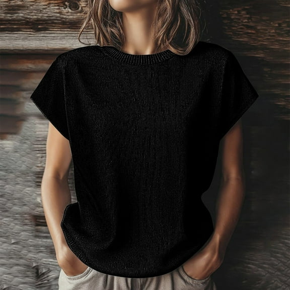 Women's Knit Short Sleeve T-Shirt Soft Stretchy Crew Neck Blouse Breathable Summer Tee Casual Versatile Top for Daily Wear and Layering Black M