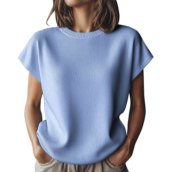 Women's Knit Short Sleeve Top Soft Stretchy Crew Neck Blouse, Ombre Color Casual Versatile T-Shirt For Daily Wear Summer Fashion Comfortable Fit Sky Blue L
