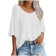 thumbnail image 1 of Women's Knit Short Sleeve Top Summer Loose Solid Blouse Casual V Neck 3/4 Sleeve Shirt, 1 of 5
