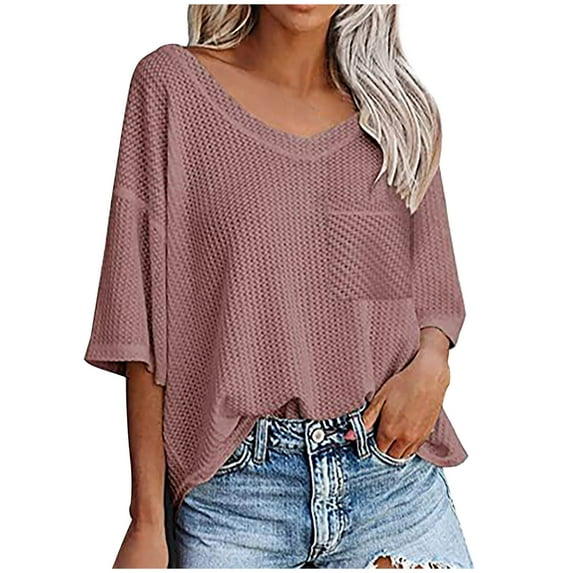 Women's Knit Short Sleeve Top Summer Loose Solid Blouse Casual V Neck 3/4 Sleeve Shirt