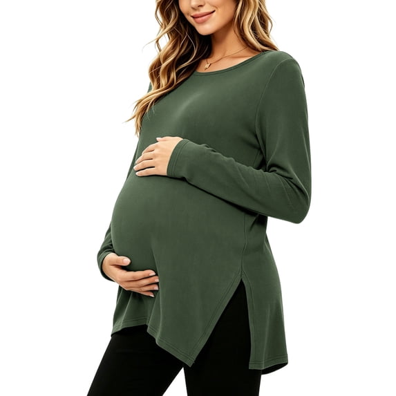 Women's Knit Side Split Maternity Tops Shirts Long Sleeve Pregnancy Clothes