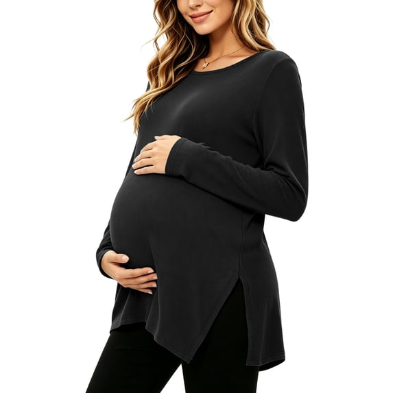 Women's Knit Side Split Maternity Tops Shirts Long Sleeve Pregnancy Clothes