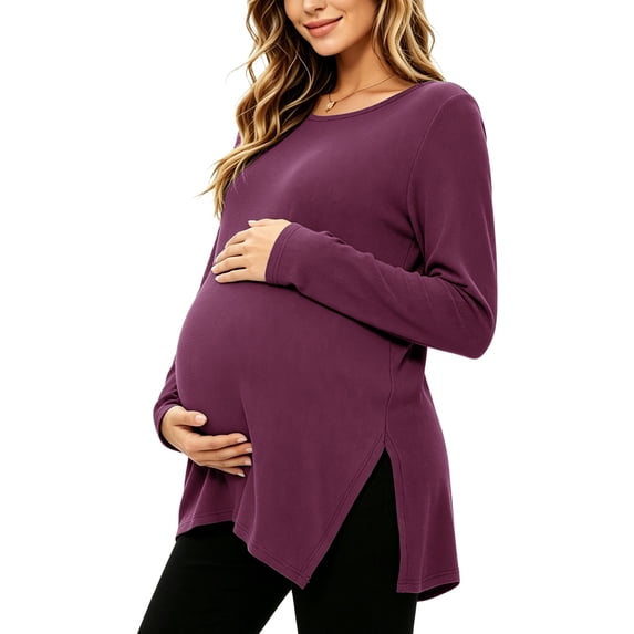 Women's Knit Side Split Maternity Tops Shirts Long Sleeve Pregnancy Clothes