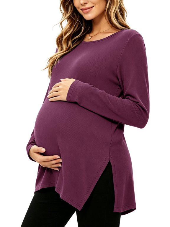 Women's Knit Side Split Maternity Tops Shirts Long Sleeve Pregnancy Clothes