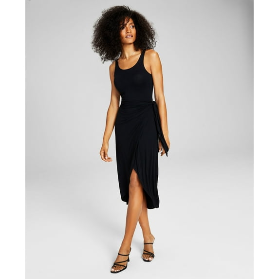 Women's Knit Side-Tie Tulip Midi Dress Black XS