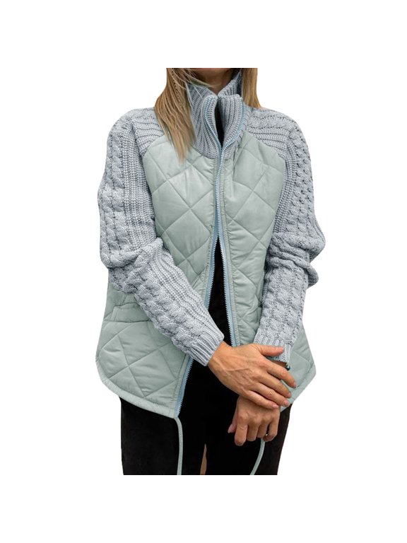 Women's Knit‑Sleeve Patchwork Quilted Jacket Stand Collar Full‑Zip Padded Casual Outerwear for Fall Winter Daily Wear M