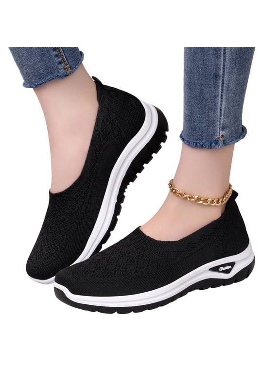 Women's Knit Slip-On Sneakers, Woven Orthopedic Breathable Shoes Comfortable Walking Sneakers With Arch Support Wide Fit Go Walk Slip On Tenis Loafers Standing All Day Soft Foam Summer Shoes, Black 6