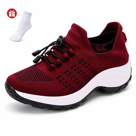Women's Knit Slip On Walking Shoes, Lightweight Platform Sneakers with Bungee Laces