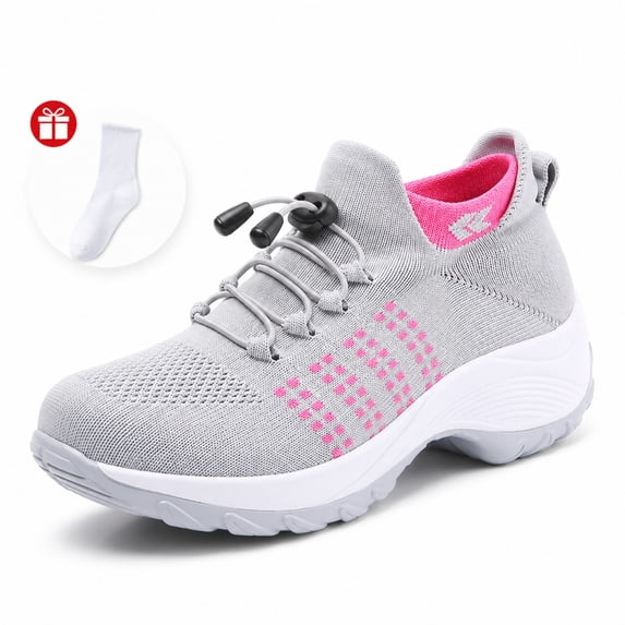 Women's Knit Slip On Walking Shoes, Lightweight Platform Sneakers with Bungee Laces