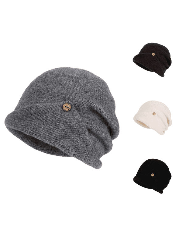 Women's Knit Slouch Beanie Hat Soft Beret Style Winter Warm Cap with Button Casual Fisherman Beanie for Fall Winter