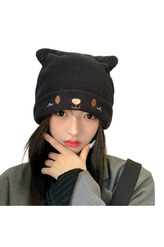 Women's Knit Slouchy Beanie with Cat Ear Design, Cable Knit Pattern Face Slimming Winter Hat, Soft Ribbed Cap for Riding and Outdoor Activities, Cute Ear Protection Cold Weather Beanie for Daily Use