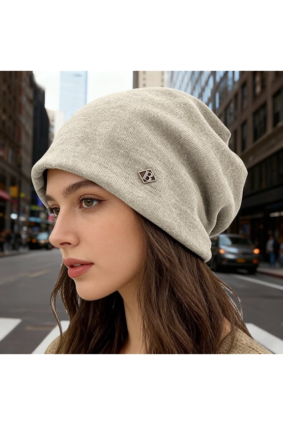 Women's Knit Slouchy Beanie, Winter Warm Thickened Soft Hat, Oversized Cozy Loose Cap for Cold Weather, One Size Fits All Stretchy Slouch Cap Beige