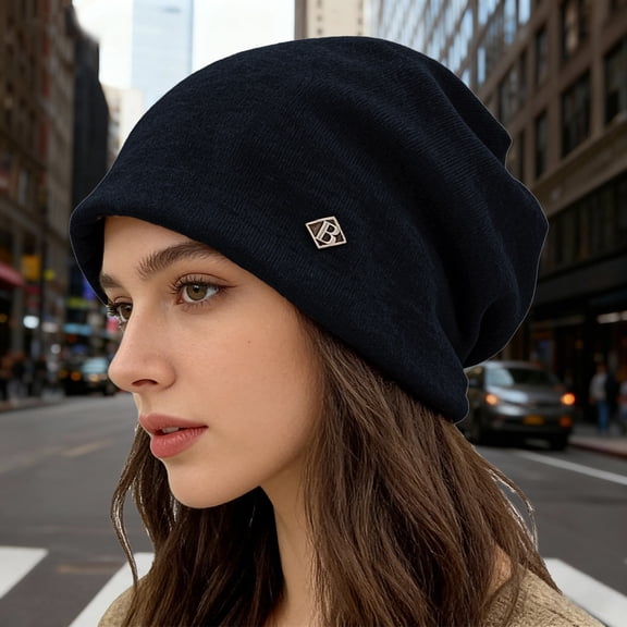 Women's Knit Slouchy Beanie, Winter Warm Thickened Soft Hat, Oversized Cozy Loose Cap for Cold Weather, One Size Fits All Stretchy Slouch Cap Black