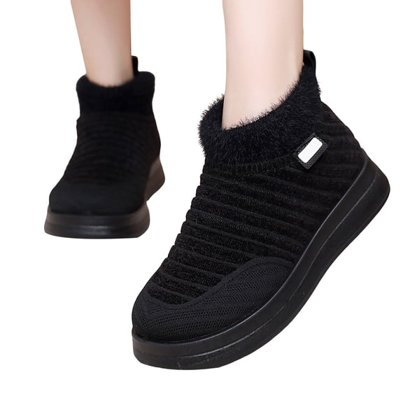 Women's Knit Snow Boots Furry Lined Slip on Winter Ankle Booties Casual Platform High Top Walking Shoes Black Size 7